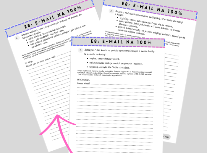 E8: E-mail na 100% - próbka - 3 tematy - karty pracy - pisanie  -writing - egzamin ósmoklasisty - do pobrania - za darmo - FREE