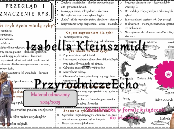 Sketchnotka/książeczka/notatka/wklejka/ściąga dla ucznia i przypomnienie dla nauczyciela/edukacja domowa. Temat „Przegląd i znaczenie ryb”. Materiał w pdf. Biologia 6, dział „Kręgowce zmiennocieplne”. Nowość 2024/2025.