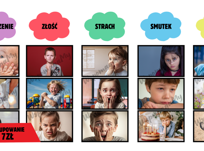 KARTY DLA PRZEDSZKOLAKÓW 5 emocji dopasowanie mimiki twarzy radość, smutek, złość, zaskoczenie, strach PSYCHOLOG/PEDAGOG/REWALIDACJA/AUTYZM