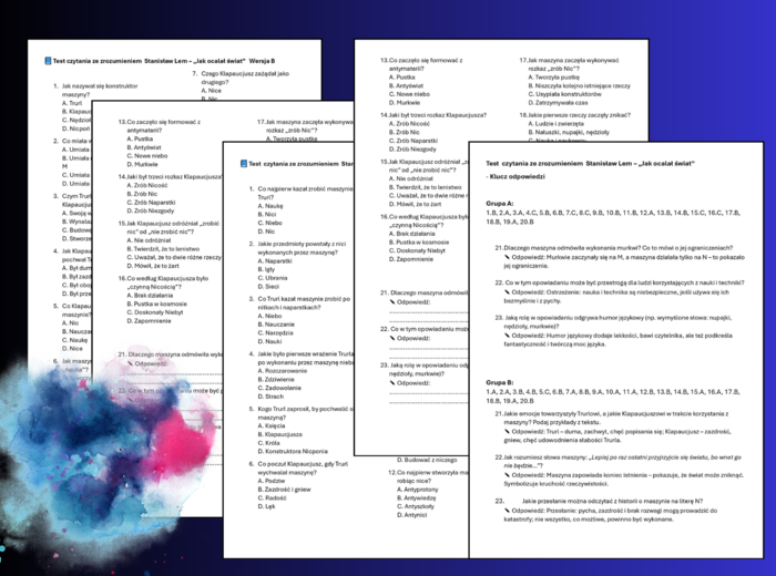 📚📝🌌 Test - CZYTANIE ZE ZROZUMIENIEM 🛰️ – Stanisław Lem „Jak ocalał świat” (klasa 6) - 2 grupy + odpowiedzi