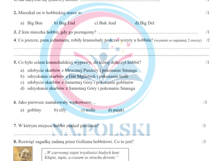 "Hobbit" - kartkówka ze znajomości lektury