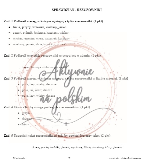 Sprawdzian/karta pracy- rzeczowniki