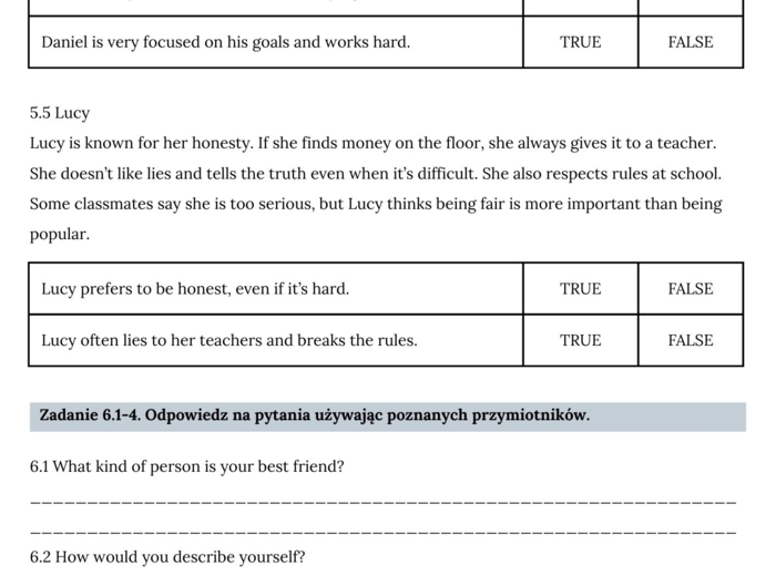 PRZYMIOTNIKI (CECHY CHARAKTERU)– Zbiór zadań do egzaminu ósmoklasisty z języka angielskiego. Poziom A2/A2+ – przymiotniki opisujące cechy charakteru, przymiotniki zaprzeczające - przedrostki( un-, dis-, in-, im-, ir-), wypełnianie luk w tekście, dialogac