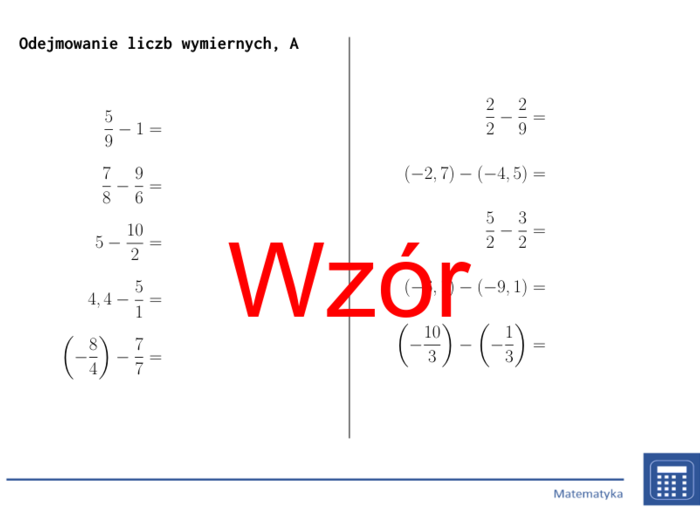 Odejmowanie liczb wymiernych | matematyka | 26 kolumn