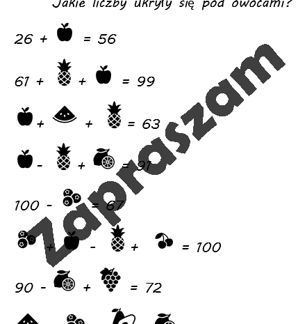 Dodawanie i odejmowanie do 100. Jakie liczby ukryły się pod owocami?