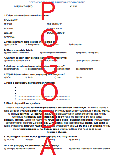 Pogoda i inne zjawiska - karta pracy / sprawdzian