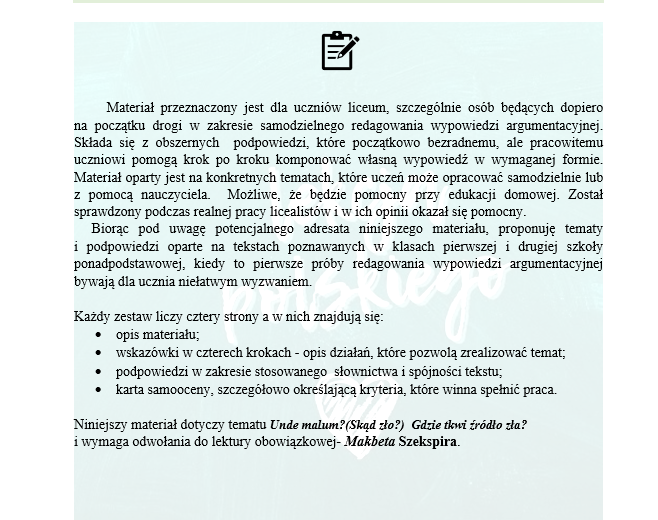 WYPOWIEDŹ ARGUMENTACYJNA W LICEUM PODPOWIEDZI DO PRACY SAMODZIELNEJ Makbet