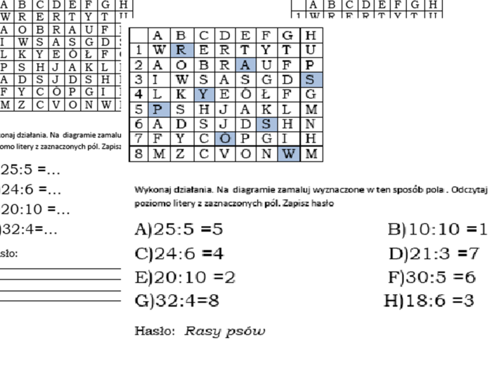 Matematyczna kodowanka z dzieleniem i hasłem dla klasy 2