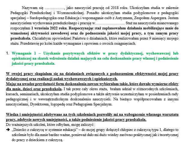 Prezentacja dorobku zawodowego - przemowa na egzamin na nauczyciela mianowanego przedszkole