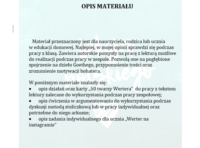 CIERPIENIA MŁODEGO WERTERA-KILKA POMYSŁÓW NA LEKCJE Z DZIEŁEM GOETHEGO