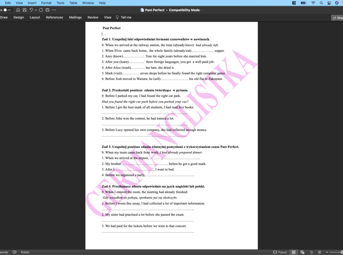 Past Perfect kontra Past Simple- ćwiczenia dla uczniów szkół podstawowych
