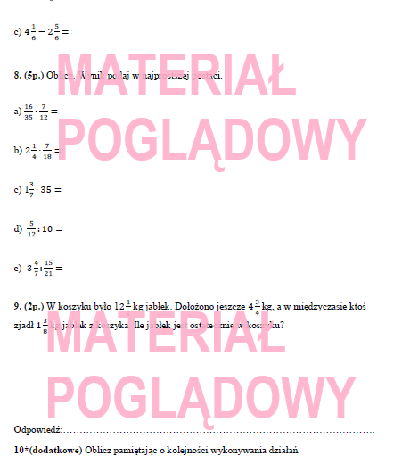 Sprawdzian (karta pracy) klasa 5 ułamki zwykłe