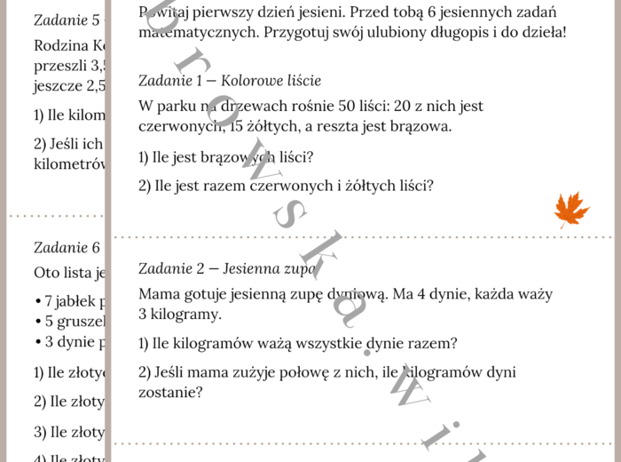 Matematyczne zagadki jesieni - wersja 1 (łatwiejsza)