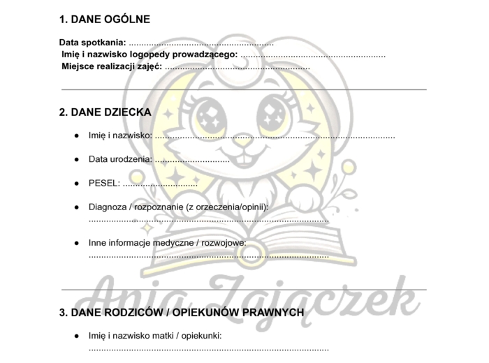 Karta rozmowy z rodzicami na pierwsze spotkanie logopedy WWR Wczesne Wspomaganie Rozwoju Logopeda