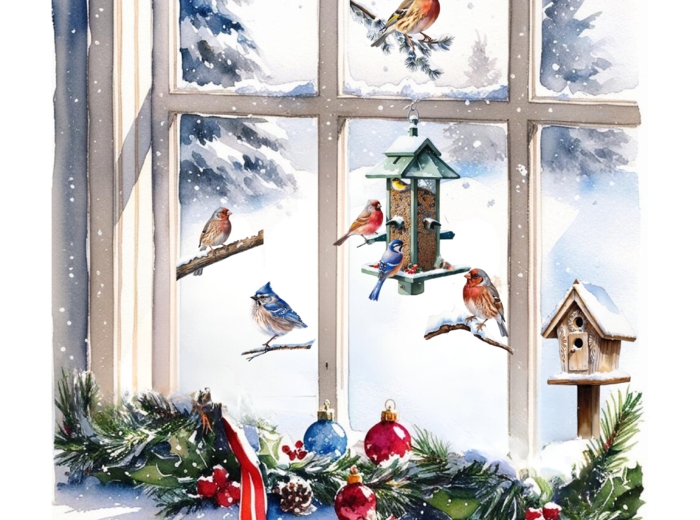 Dekoracja zimowa na okno - Zimowe ptaki w karmniku