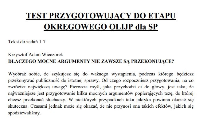 TEST PRZYGOTOWUJĄCY DO ETAPU OKRĘGOWEGO OLIJP DLA SP