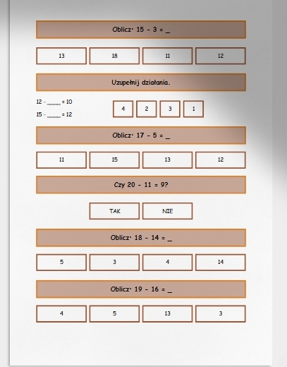 Odejmowanie w zakresie do 20. Karta pracy. Sprawdzian