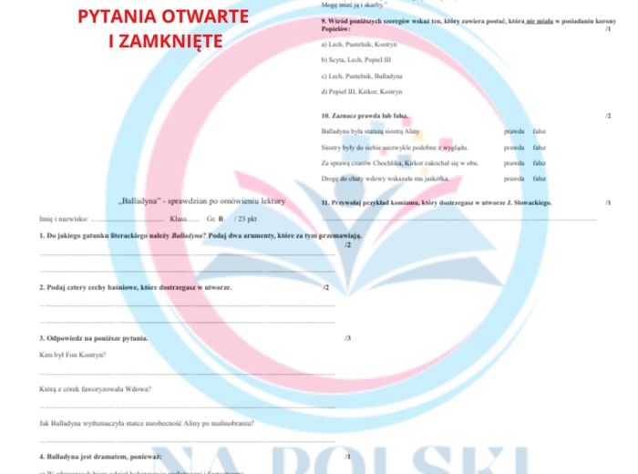 Balladyna - sprawdzian po omówieniu lektury