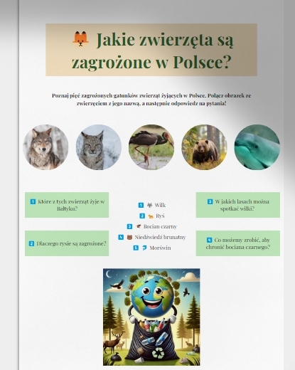 Karty pracy i quizy ekologiczne. Czy umiesz dobrze segregować odpady? Jakie zwierzęta są zagrożone?