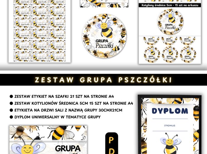 Zestaw Etykiety, Medaliony, Dyplom, Naklejka z nazwą grupy - Dla Grupy Pszczółki