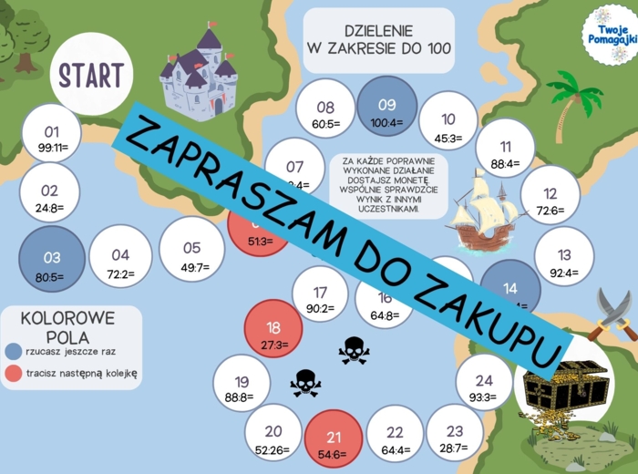 Działania w zakresie do 100 (dodawanie, odejmowanie, mnożenie, dzielenie) - 4 plansze do gry "Poszukiwacze skarbów".
