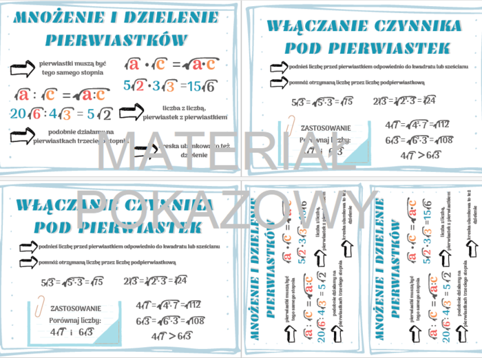 Działania na pierwiastkach - plansza, gazetka, wklejka