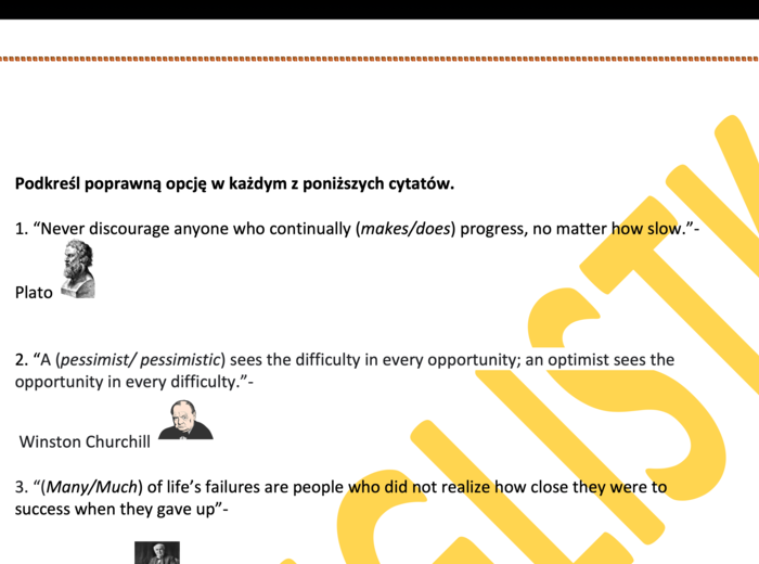 Cytaty znanych osób (z ich podobiznami), w których należy podkreślić właściwą opcję+ KLUCZ