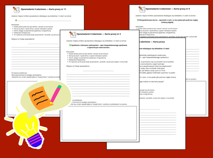 OPOWIADANIE 5-ZDANIOWE – 12 kreatywnych kart pracy dla uczniów - KL. 4-8 - karta pracy - ĆWICZENIA REDAKCYJNE - opowiadanie