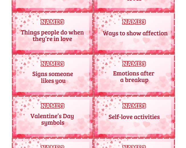 Valentine’s Day – NAME 3 / 5 SECONDS ESL SPEAKING GAME | Gra mówienia po angielsku (100 kart, A2-B2, Walentynki)