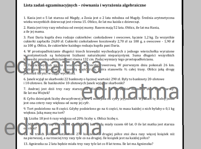 E8 - zadania egzaminacyjne - równania i wyrażenia algebraiczne