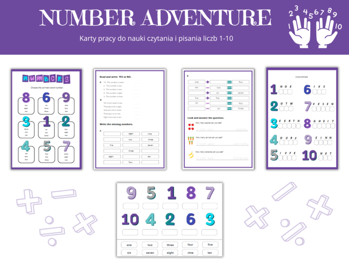 Number Advenure 1-10 - zestaw do nauki liczb 1-10 po angielsku, czytanie, pisanie, dodawanie i odejmowane w zakresie 10, karty pracy, karty obrazkowe, karty wyrazowe , numbers,