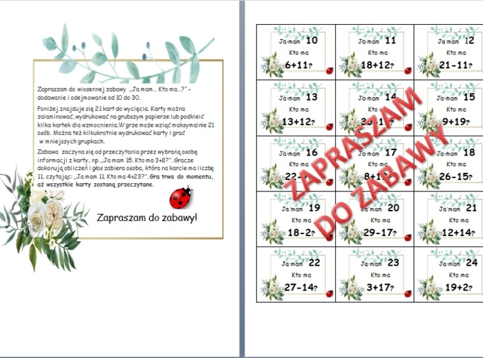 ?Dodawanie i odejmowanie w zakresie 10-30. ?Gra "ja mam... kto ma...".