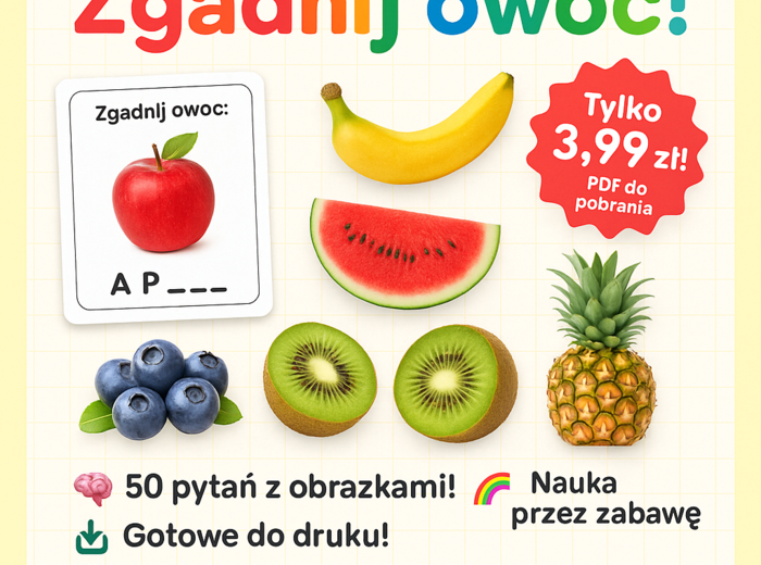 Zgadnij owoc po brakujących literach | Quiz o owocach | 50 pytań