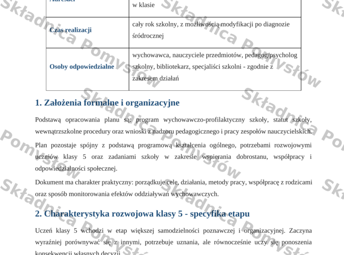 ROCZNY PLAN PRACY WYCHOWAWCY - klasa 5 (DOCX, edytowalny); plan pracy wychowawczej; godziny wychowawcze
