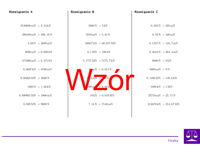 Konwersja jednostek siły | matematyka | 26 kolumn