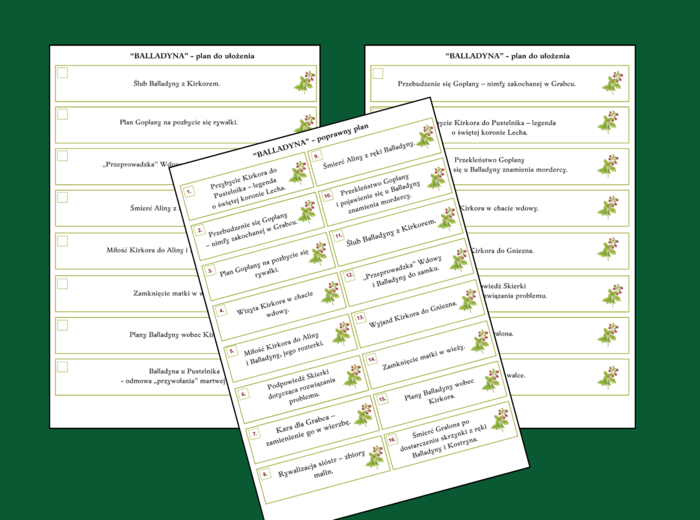 "BALLADYNA" – plan wydarzeń – fiszki – 3 wersje – egzamin – lektury 7-8