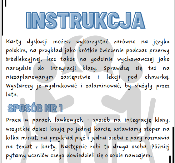 Karty dyskusji na godzinę wychowawczą i język polski, integracja klasy, ćwiczenie argumentacji