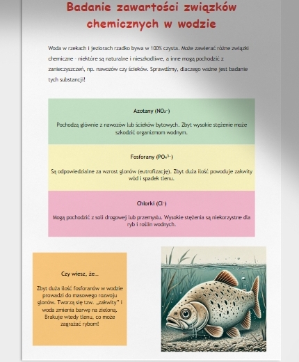 Badanie wody z okolicznej rzeki lub jeziora (pH, zawartość związków chemicznych).