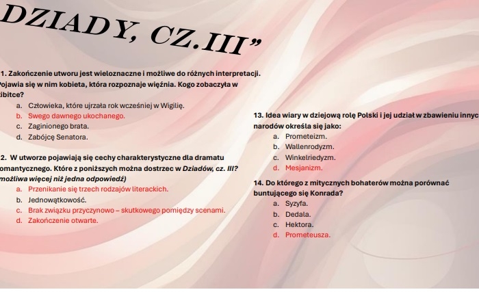 Test wprowadzający z lektury "Dziady, cz. III"