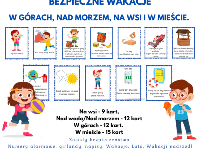 Bezpieczne wakacje: w górach, nad morzem, na wsi i w mieście. Karty zasad wielkość A4, A5 oraz w wersji kwadratów - 6 na jednej karcie A4.