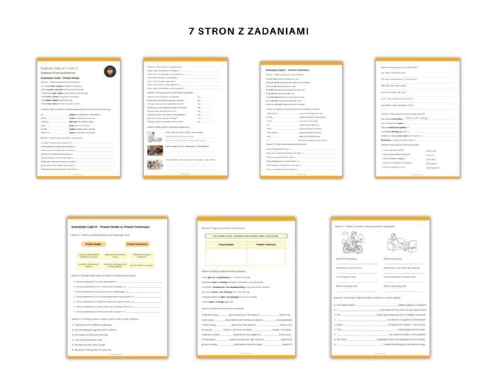 Gramatyka klasa 6: Czasy teraźniejsze: Present Simple vs. Present Continuous, na podstawie podręcznika English Class A2 Unit 1