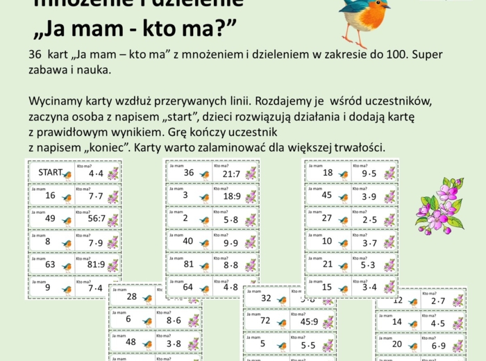 Tabliczka mnożenia - "Ja mam kto ma" mnożenie i dzielenie w zakresie do 100