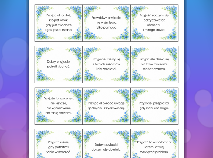 Gazetka szkolna: Przyjaźń - cytaty w ramkach (15 kart A4) + mini karty PDF - dekoracja