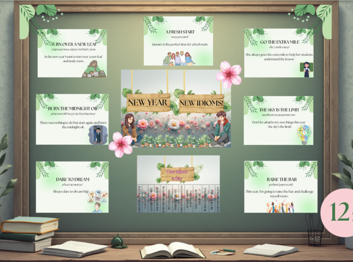 Mega Pakiet: NEW YEAR – NEW IDIOMS! 12 plansz z idiomami w w zestawie|Główna grafika XXL - plakat 4 xA4| Zestaw zawiera 2 zadania z idiomami oraz odpowiedzi