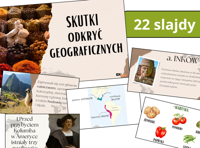 Prezentacja multimedialna- Skutki wielkich odkryć geograficznych, zgodna z podstawą programową, możliwość edycji