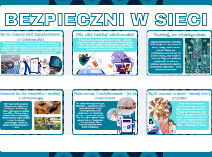 Gazetka szkolna- BEZPIECZNI W SIECI- Napis + 11 kolorowych kart A4 PDF - całoroczne