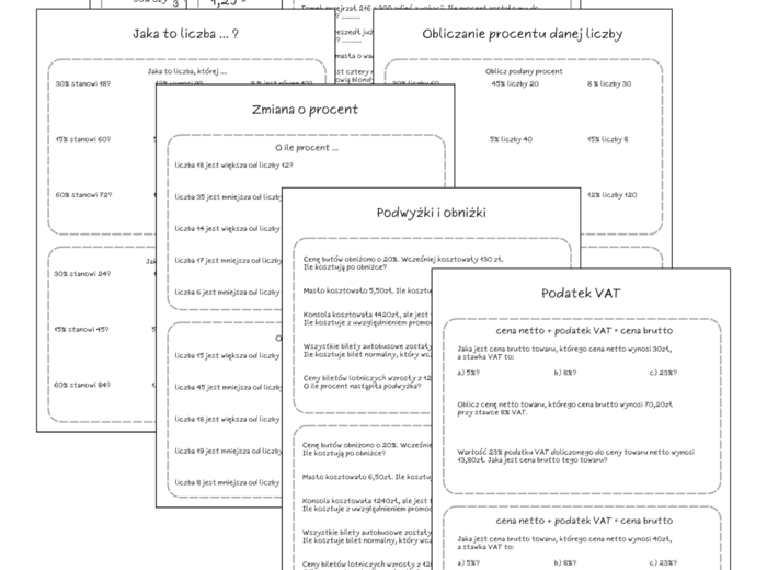 Szybkie karteczki - karty pracy z procentów. Klasa 6. Klasa 7. Klasa 8