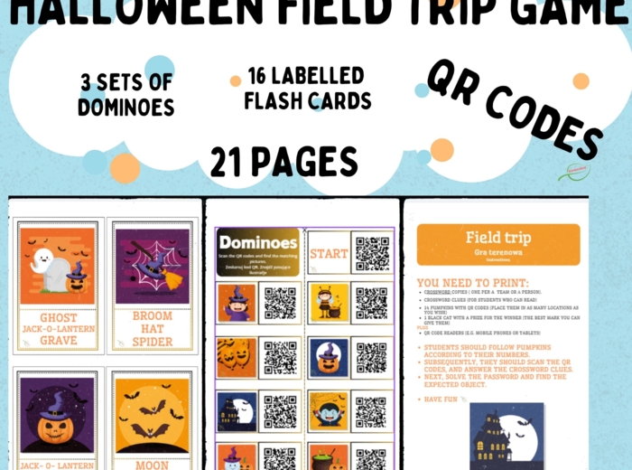 Halloween Gra Trernowa dla dużych i małych +QR Codes, Domino w 3 wersjach (również dla nieczytających), opisane karty obrazkowe na j. angielski i inne wydarzenia jesienne, dobre dla SPE, kody QR