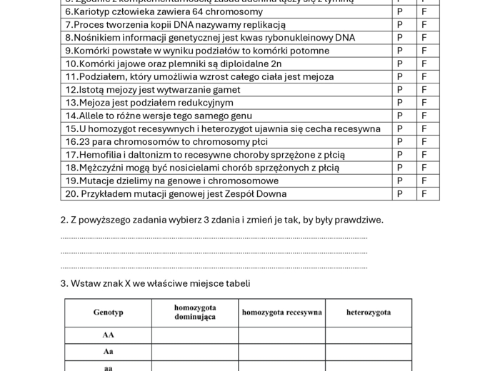 Sprawdzian wiadomości genetyka klasa 8 biologia