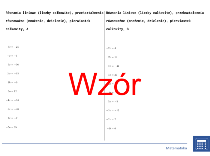 Równania liniowe (liczby całkowite), przekształcenia równoważne (mnożenie, dzielenie), pierwiastek całkowity | matematyka, algebra | 26 kolumn
